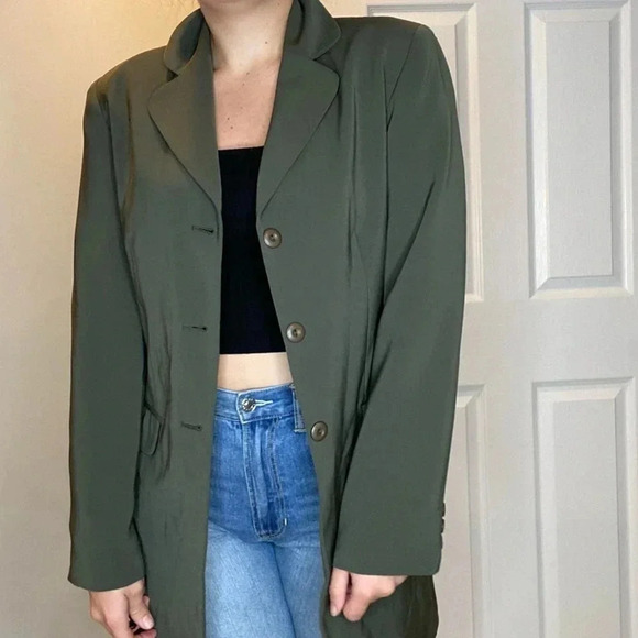 Olive Green Blazer Jacket with Shoulder Pads - Picture 4 of 6